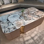 Luxury Marble-Top Coffee Table with Ribbed Wood Veneer and Gold Accents